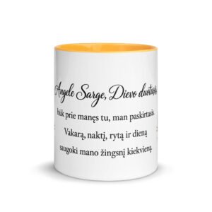 Malda Angelui Sargui · Keraminis puodelis su spalvotu vidumi